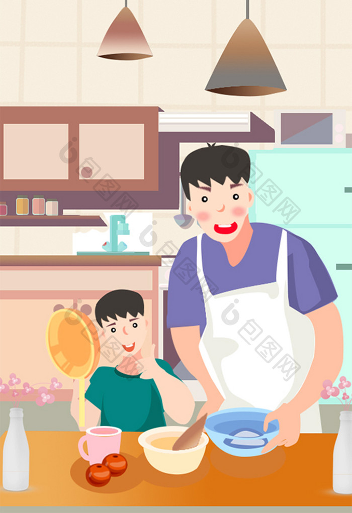 清新做饭厨房家具父亲节插画