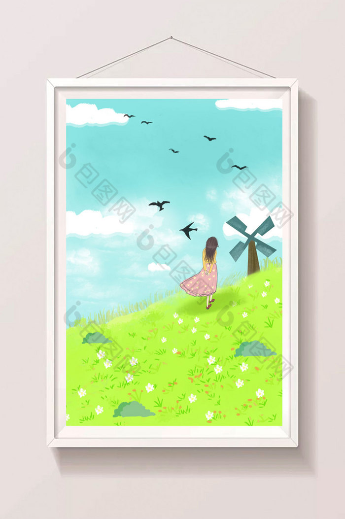 夏日草地上吹风的女孩图片图片