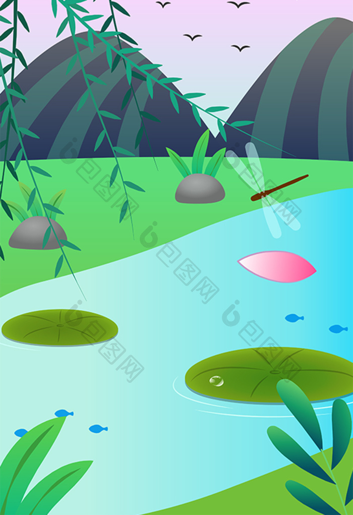 包图 插画 背景素材 > 手绘卡通池塘草地高山