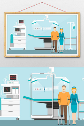 创意小清新护士照顾患者病房手术室场景插画
