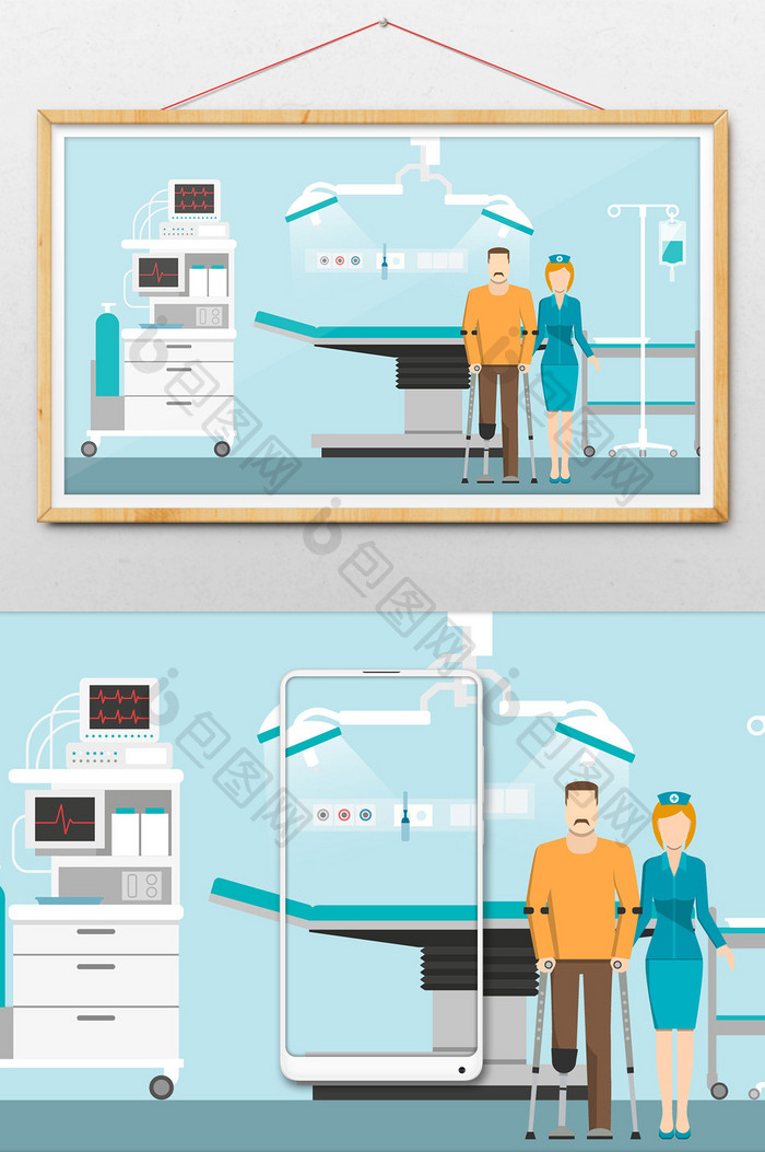 创意小清新护士照顾患者病房手术室场景插画