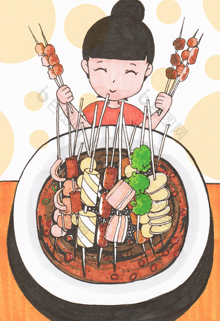 手绘中国美食串串香插画