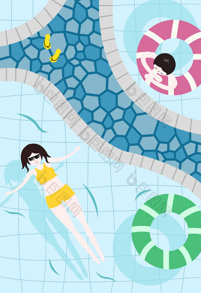 小清新可爱女孩夏天泳池游泳插画