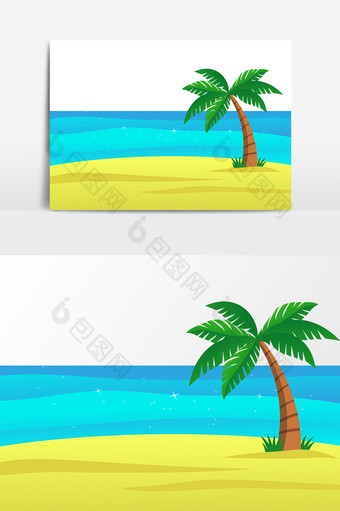 大海沙滩棕榈树椰树卡通矢量手绘元素图片
