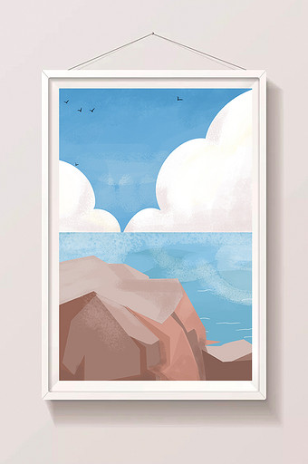 水彩手绘大海石头风景图片