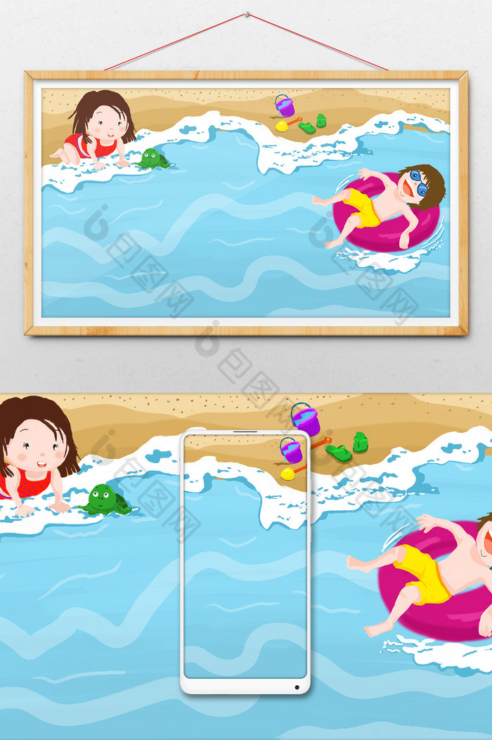 夏季度假夏天旅游小孩游泳场景插画图片