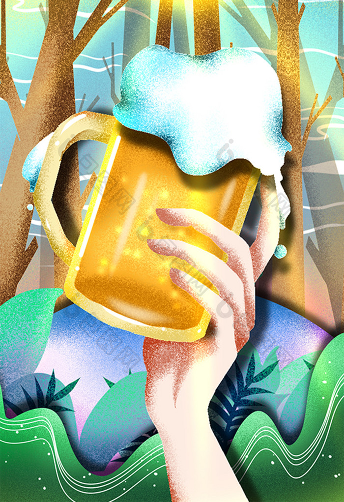 卡通创意夏季啤酒节颗粒色彩感插画海报设计