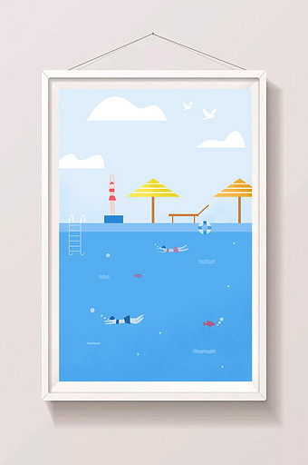 蓝色清新矢量夏季海边游泳夏至插画海报图片