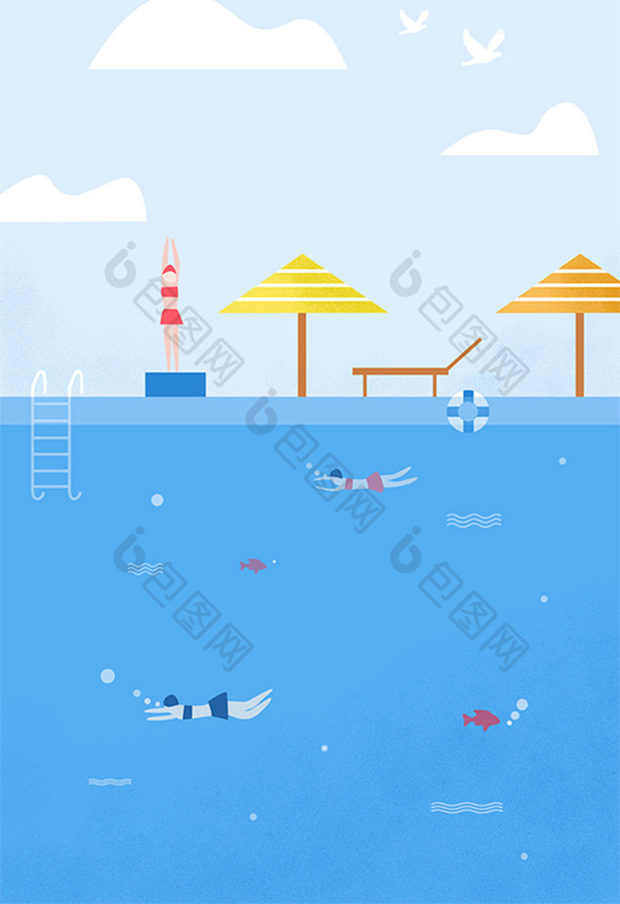 蓝色清新矢量夏季海边游泳夏至插画海报