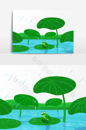 夏季池塘中的青蛙卡通手绘分层元素图片