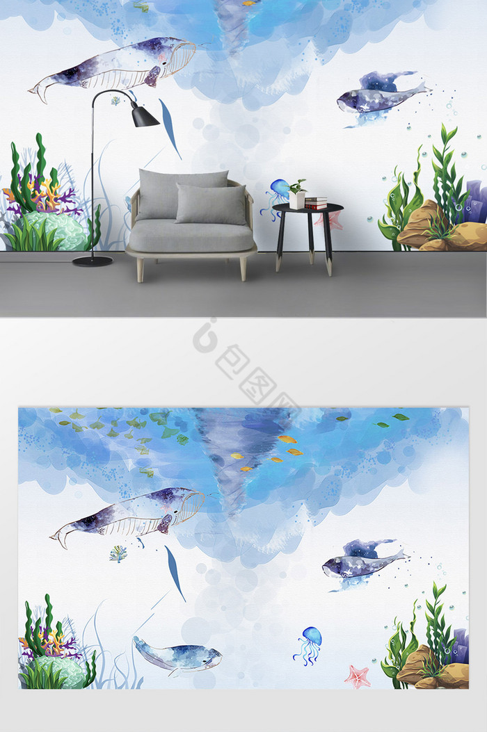 手绘海洋电视背景墙图片