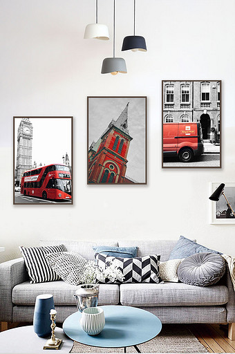 北欧风黑白红色汽车城堡装饰画图片