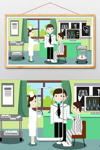 创意小清新医生护士患者看病医疗场景插画图片