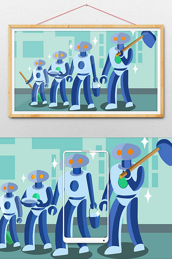 创意小清新机器人分工劳作插画图片