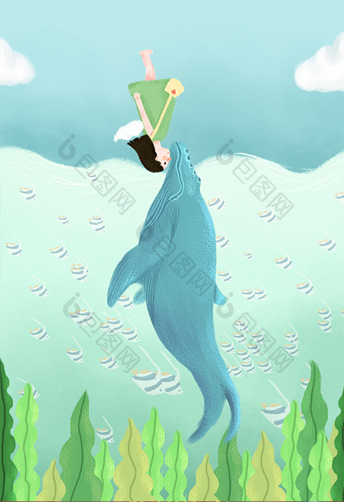 蓝色小清新女孩亲吻鲸鱼插画