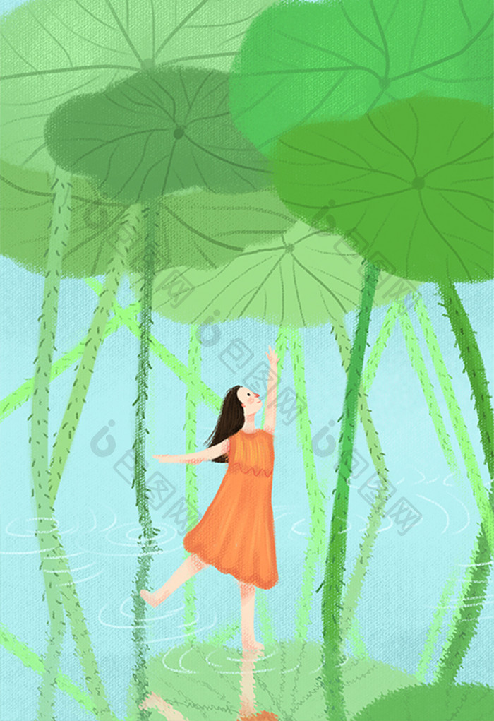 绿色清新女孩在池塘跳舞插画