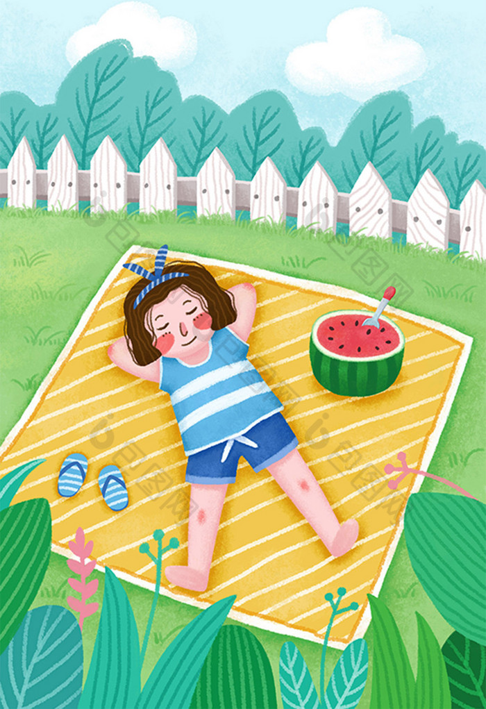 女孩乘凉吃西瓜二十四节气夏至插画图片