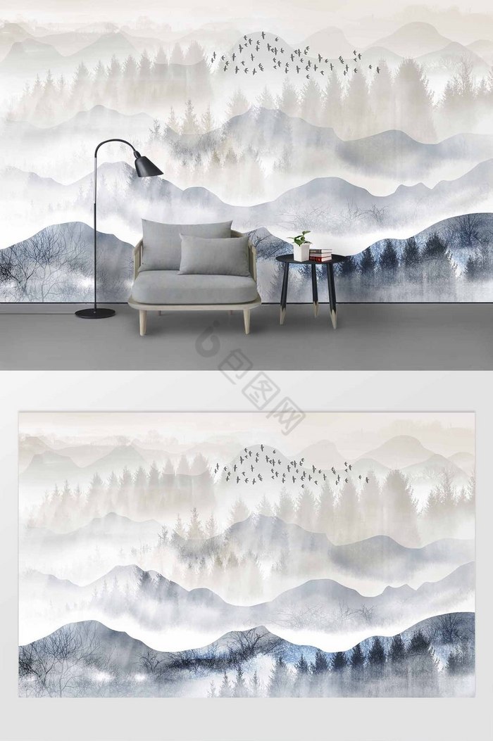 北欧风格森林飞鸟风景背景墙图片