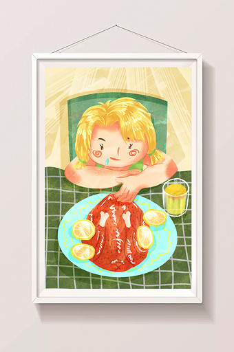 清新唯美卡通可爱女孩吃烤鸡插画图片