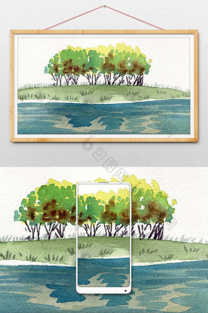 蓝色灌木夏日素材手绘背景风景清新水彩