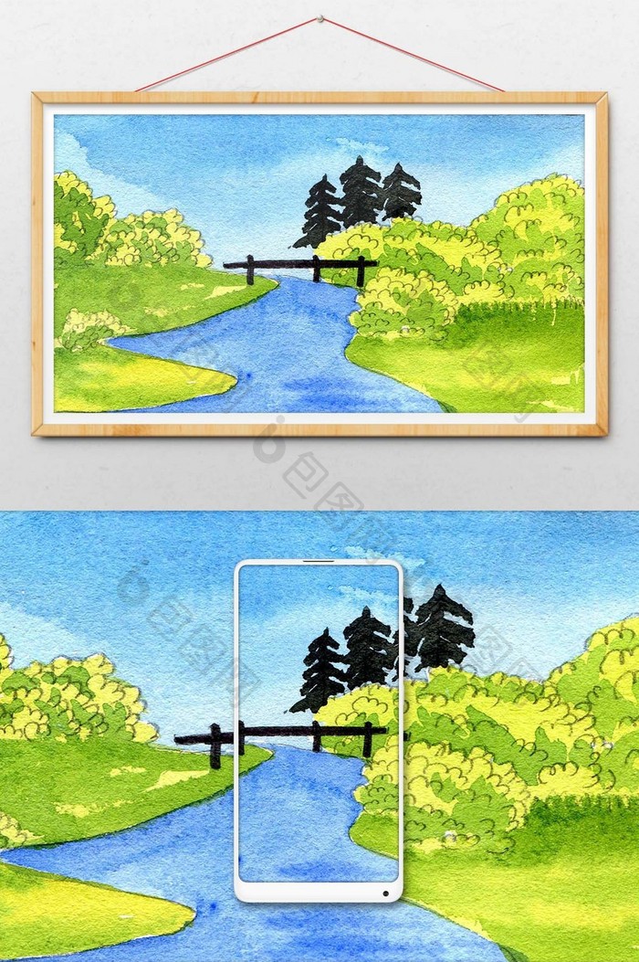 绿色蓝色夏日小桥素材手绘背景风景清新水彩