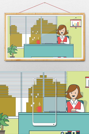 创意小清新办公室白领职员商务场景插画图片