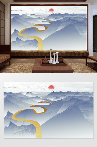 新中式水墨山水飞鸟电视背景墙定制图片