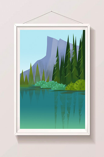 湖面山水风景背景手绘插画图片
