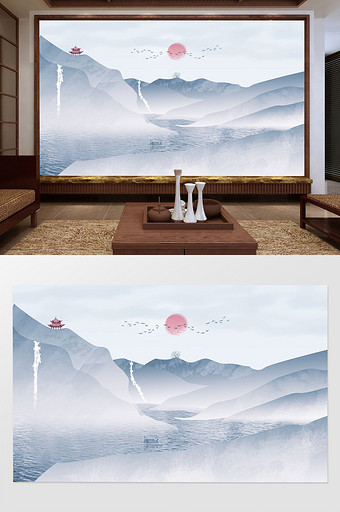 新中式唯美抽象山水电视背景墙定制图片