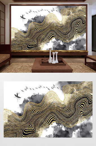 新中式金色抽象线条水墨背景墙图片