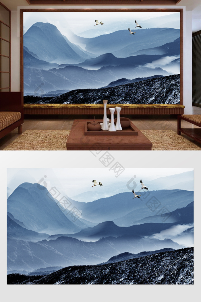 新中式山水背景墙蓝色情怀效果图-【包图网】