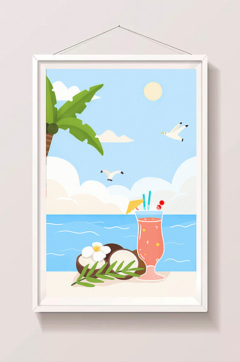 唯美清新夏季海滩风景美食插画背景图片