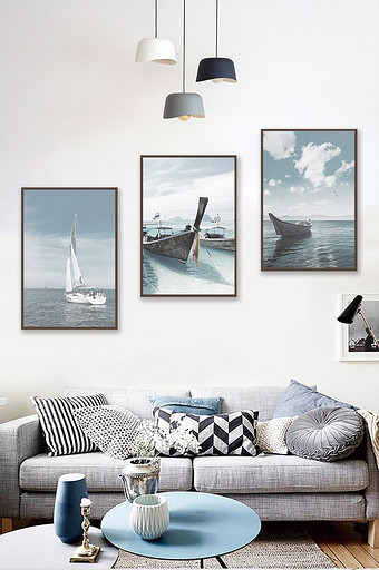 北欧风黑白黄帆船三联装饰画图片