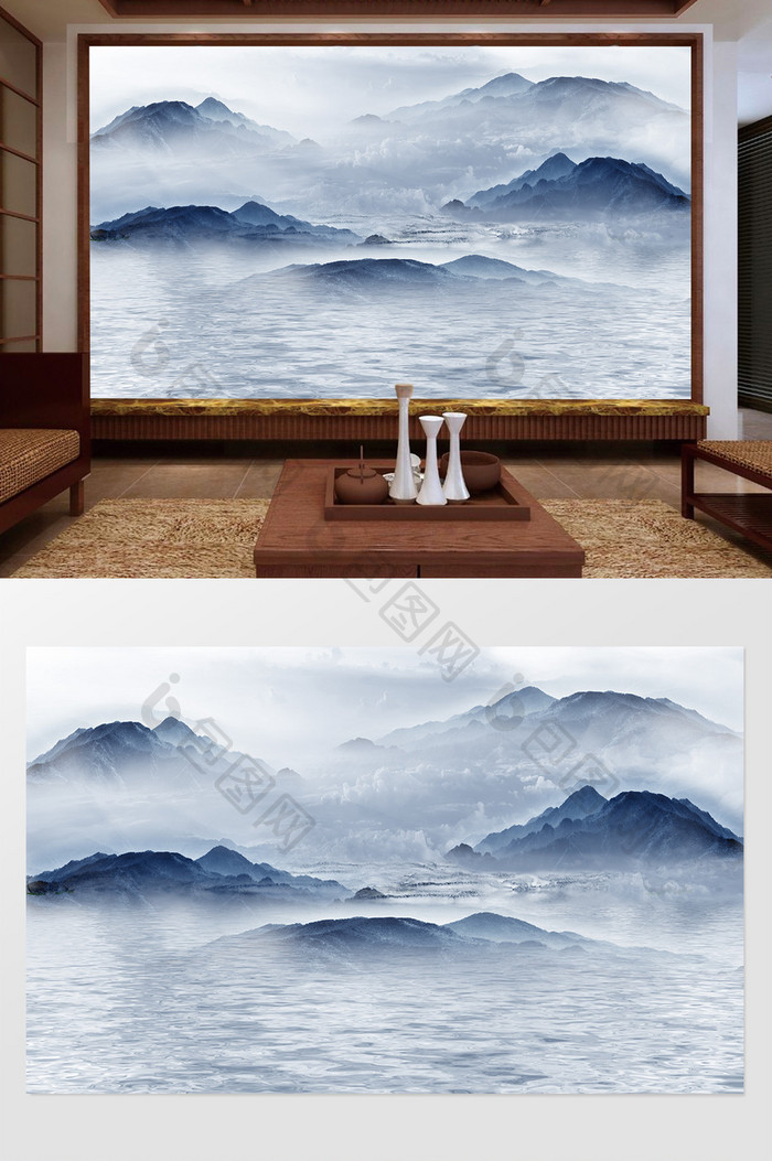 新中式抽象云海背景墙