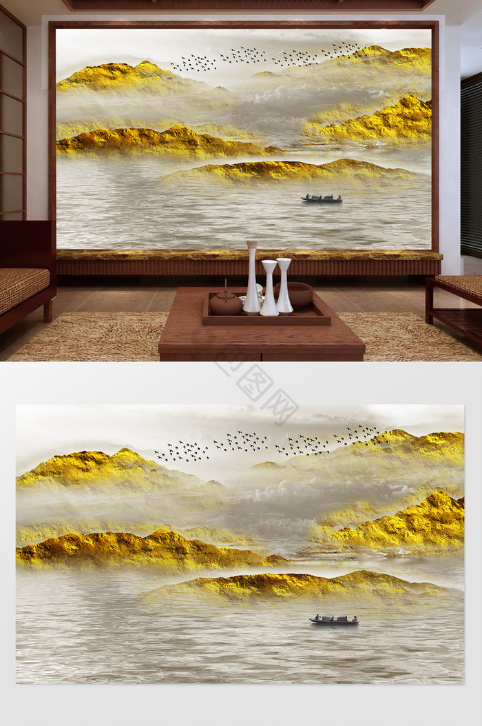 新中式金色云海背景墙图片