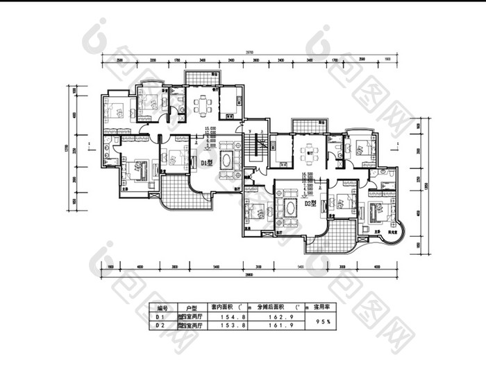 一梯两户四室两厅162平米CAD图纸