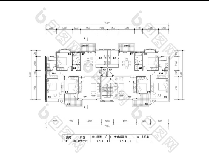 一梯两户三室两厅138平米CAD图纸