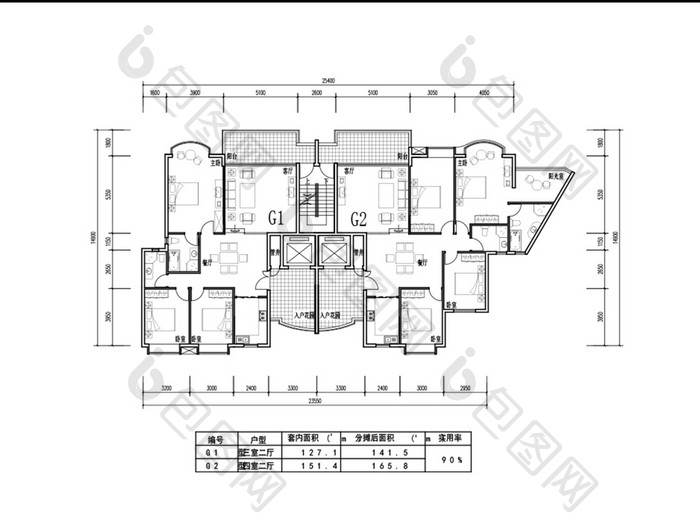 一梯两户三室四室两厅CAD图纸