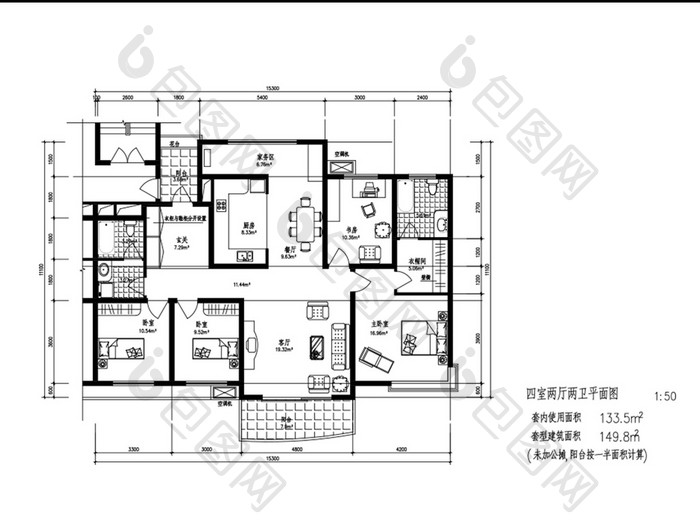四室两厅两卫150平米CAD图纸