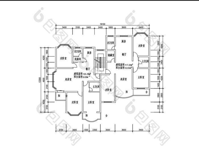 三室两厅120平米一梯两户CAD图纸