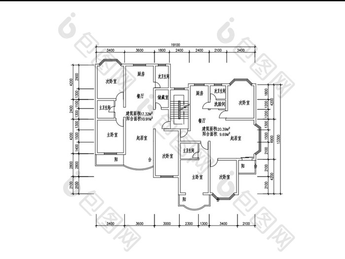 一梯两户三室两厅117平米CAD户型图纸