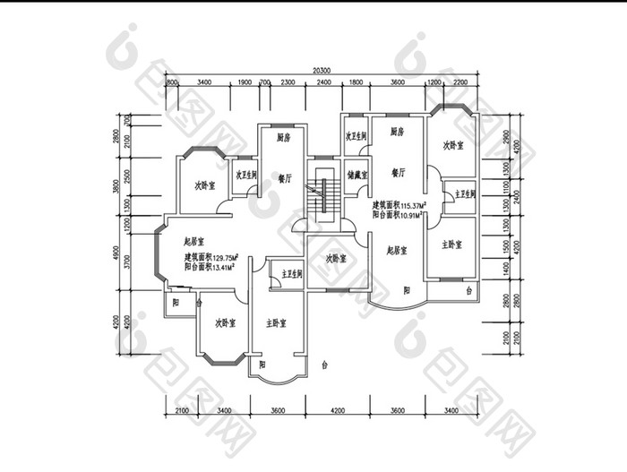 一梯两户三室两厅129平米CAD图纸