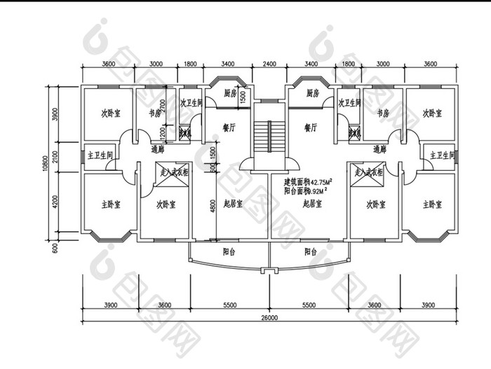 一梯两户三室一厅142平米CAD图纸