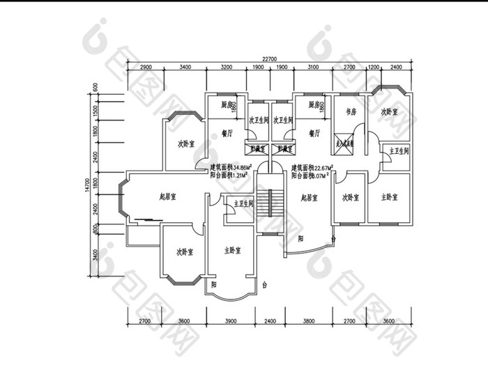 一梯两户三室两厅134平米CAD户型图纸