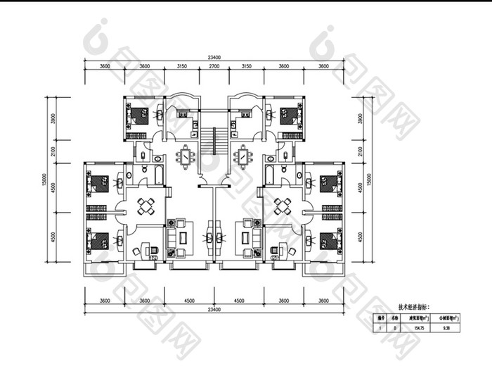 一梯两户三室两厅154平米CAD图纸