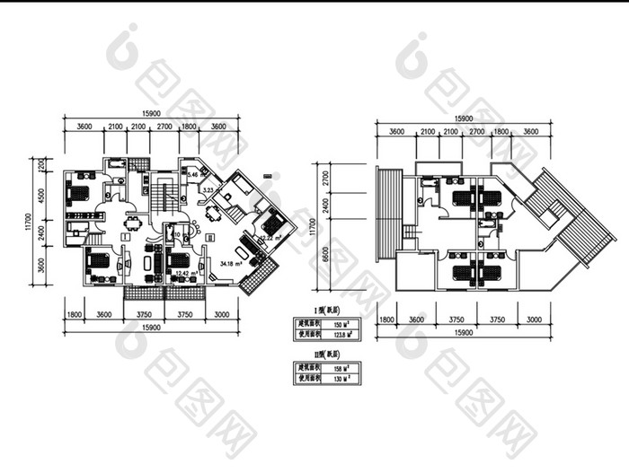 跃层150平米158平米CAD图纸
