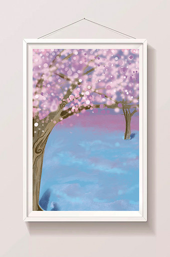 手绘水彩樱花树场景图片