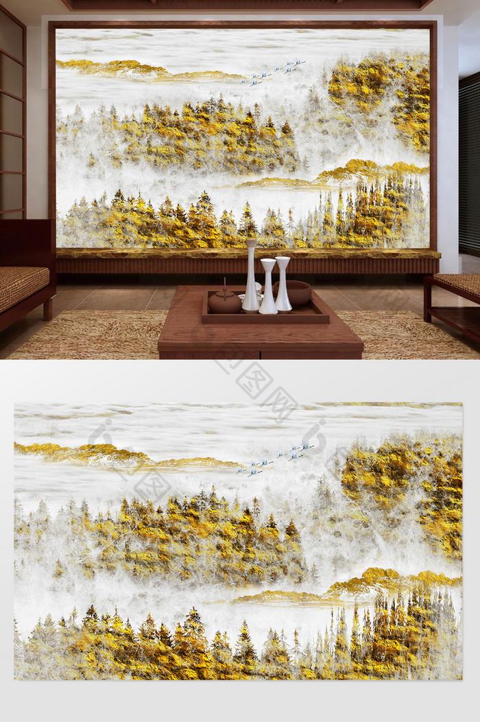 金色抽象新中式山水背景墙