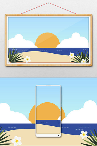 小清新卡通清晨的沙滩大海背景手绘插画图片