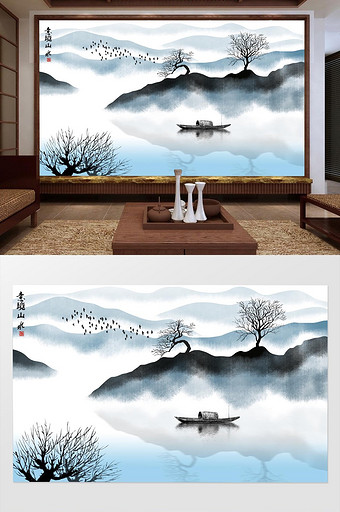 中式手绘意境水墨山水背景壁画图片